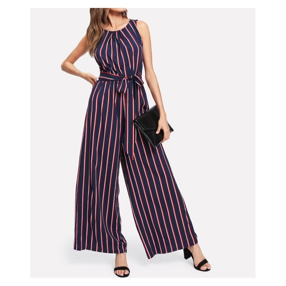 LAST ONE! Blue Vertical Striped Wide Leg Jumpsuit - Picture 2 of 5